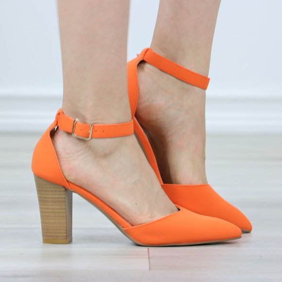 Pointed Toe Block Heel High Heel Stiletto Shoes Orange Nubuck - Picture 3 of 13